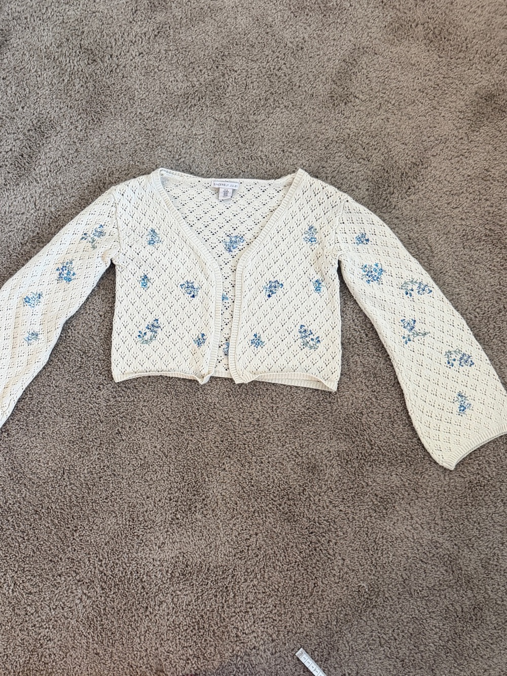 Sincerely Jules Cream Cropped Eyelet Cardigan with Blue Floral Embroidery